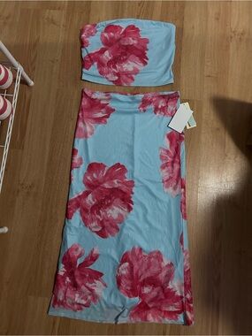Light Blue Maxi Skirt with Pink Floral Print